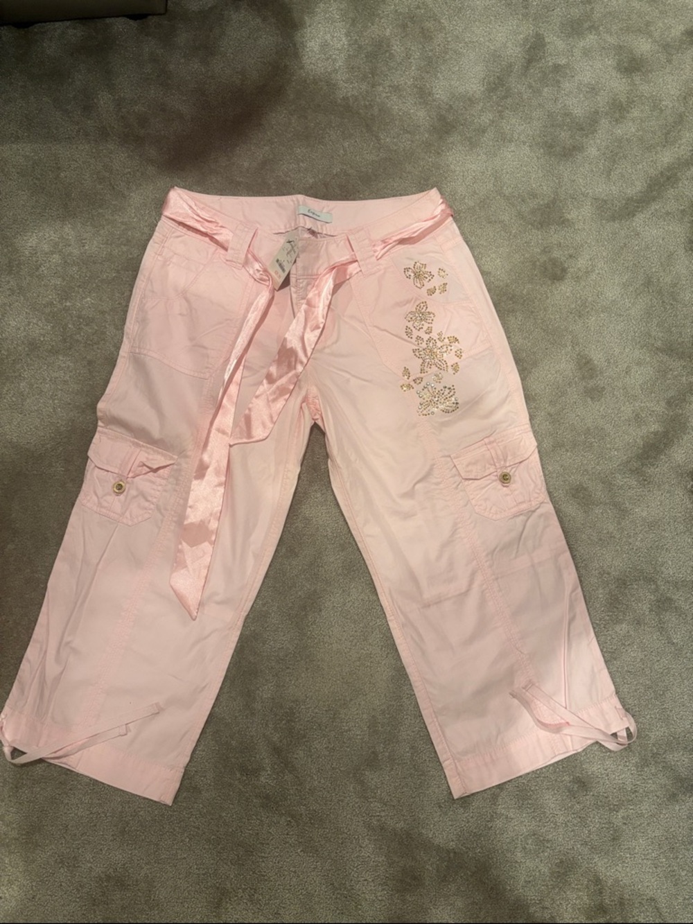 Express Light Pink Cargo Capri Pants with Satin Waist Tie and Stud Detail